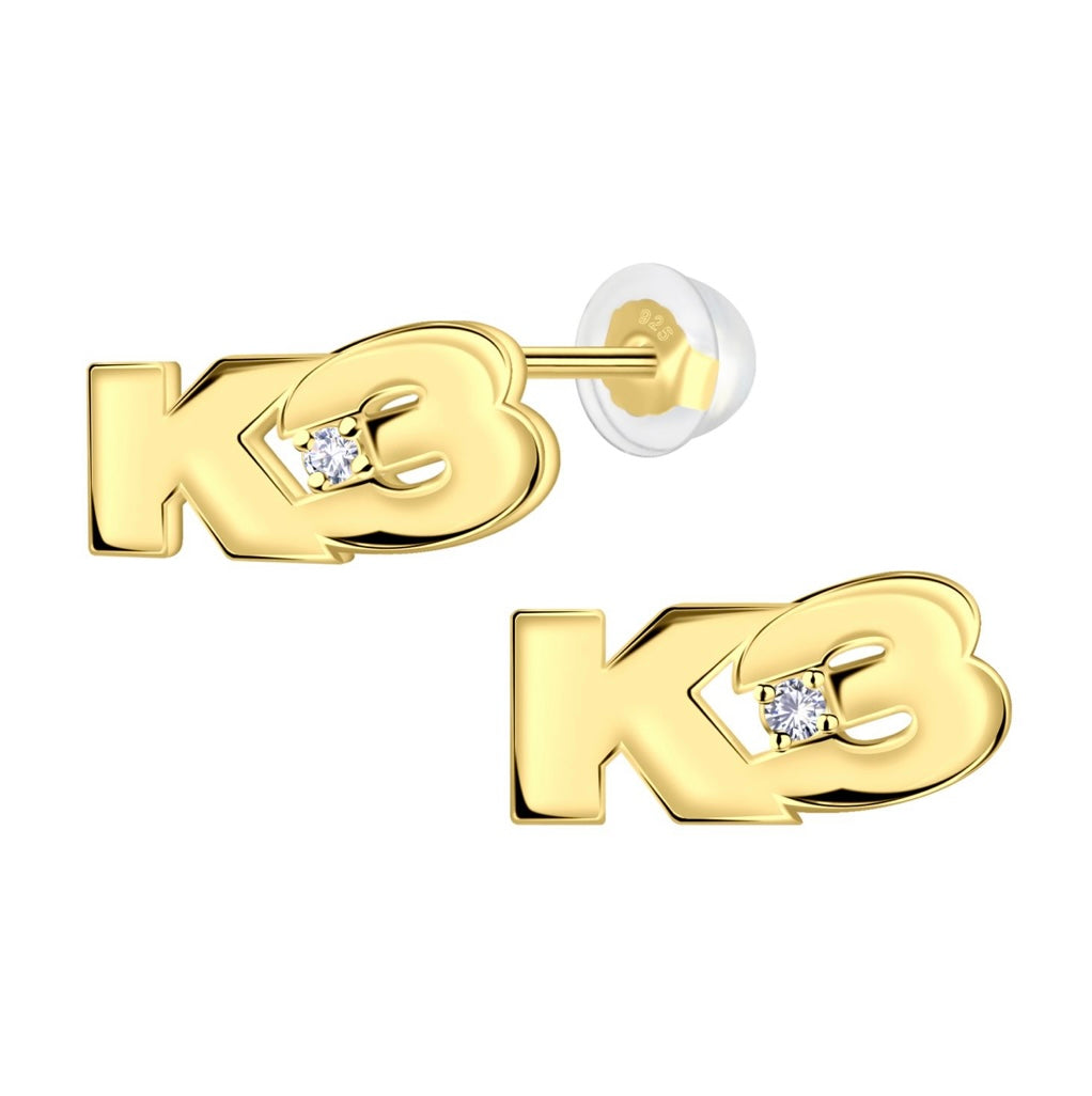 Goldplated oorstekers k3 collectie, k3 logo met kristal.