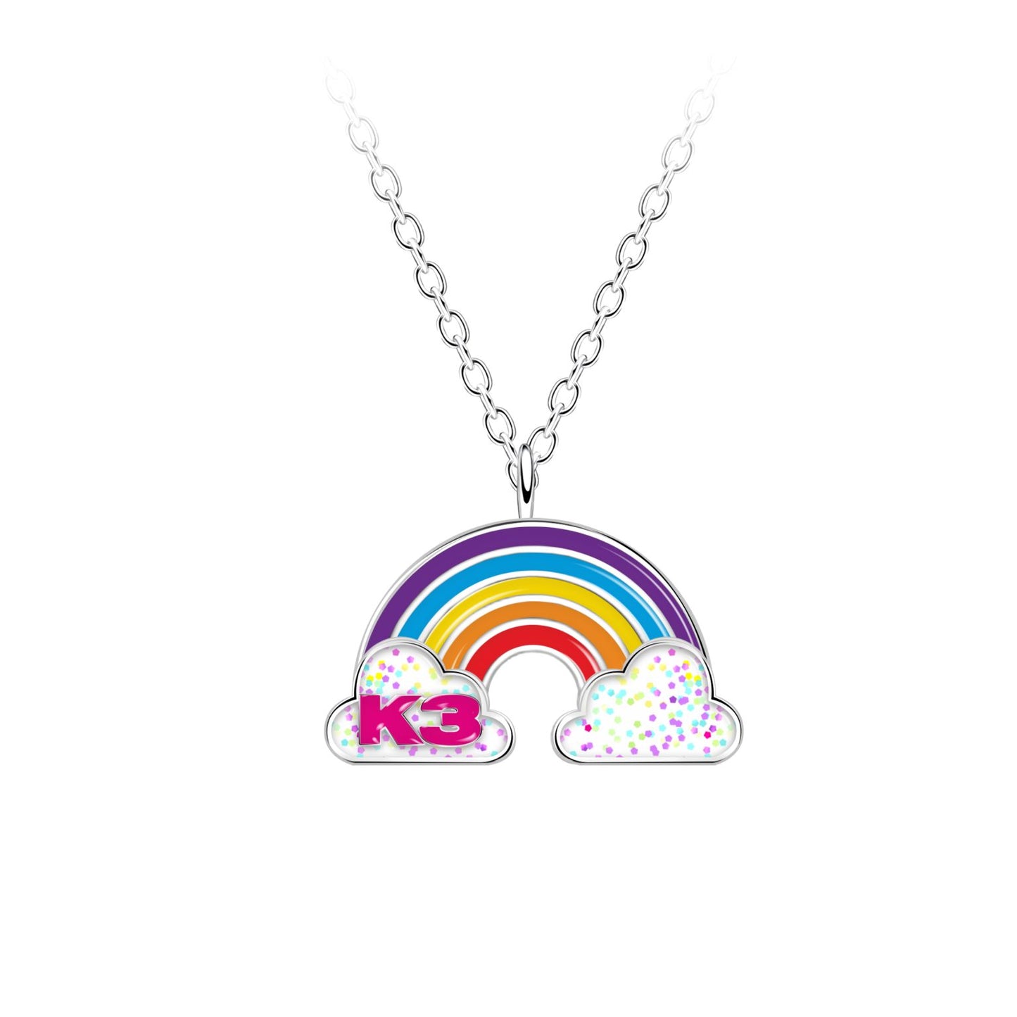 Zilveren ketting k3 collectie, regenboog met glitterwolkje en k3 logo.