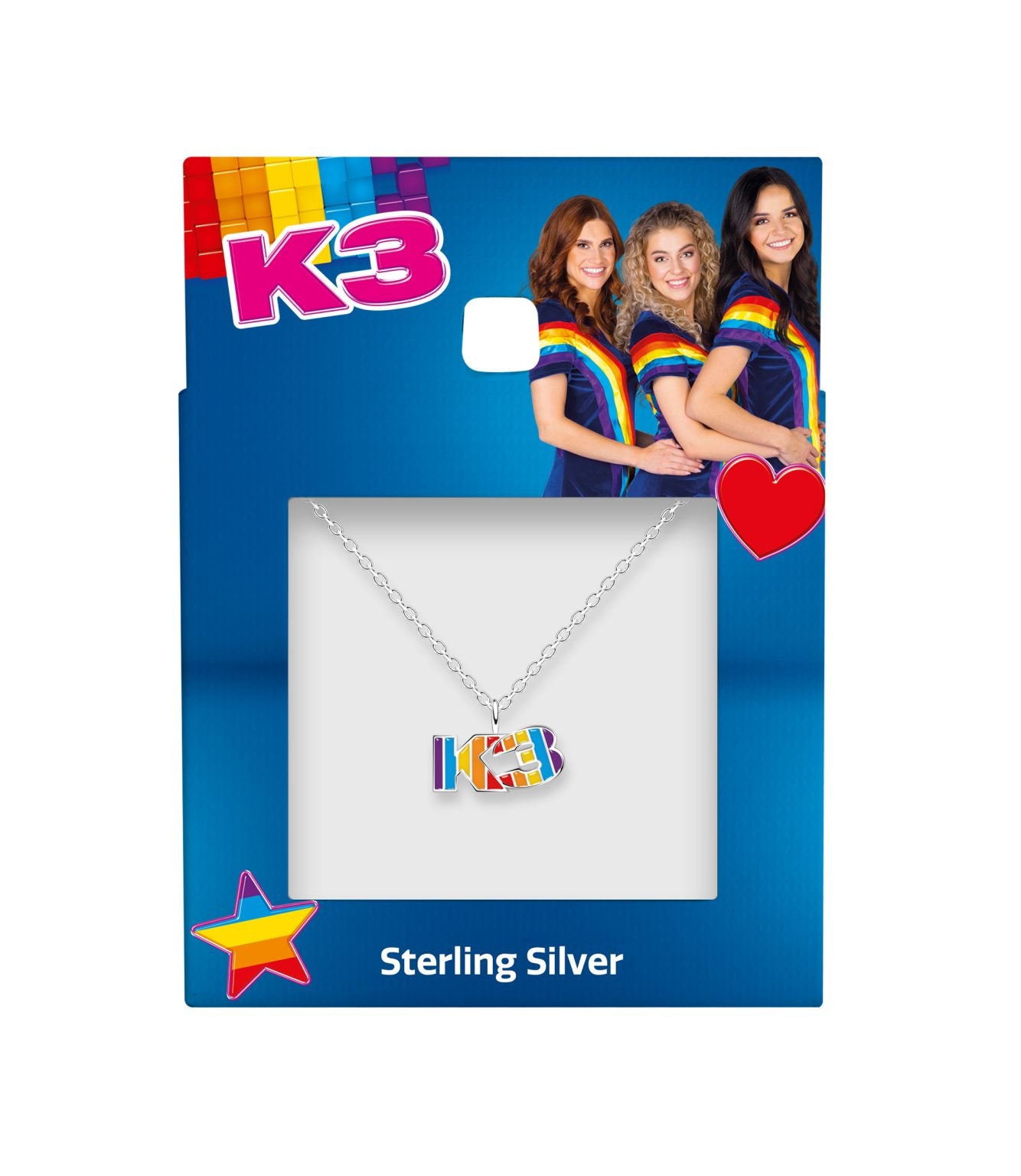 Zilveren ketting k3 collectie, k3 logo in regenboogkleuren.
