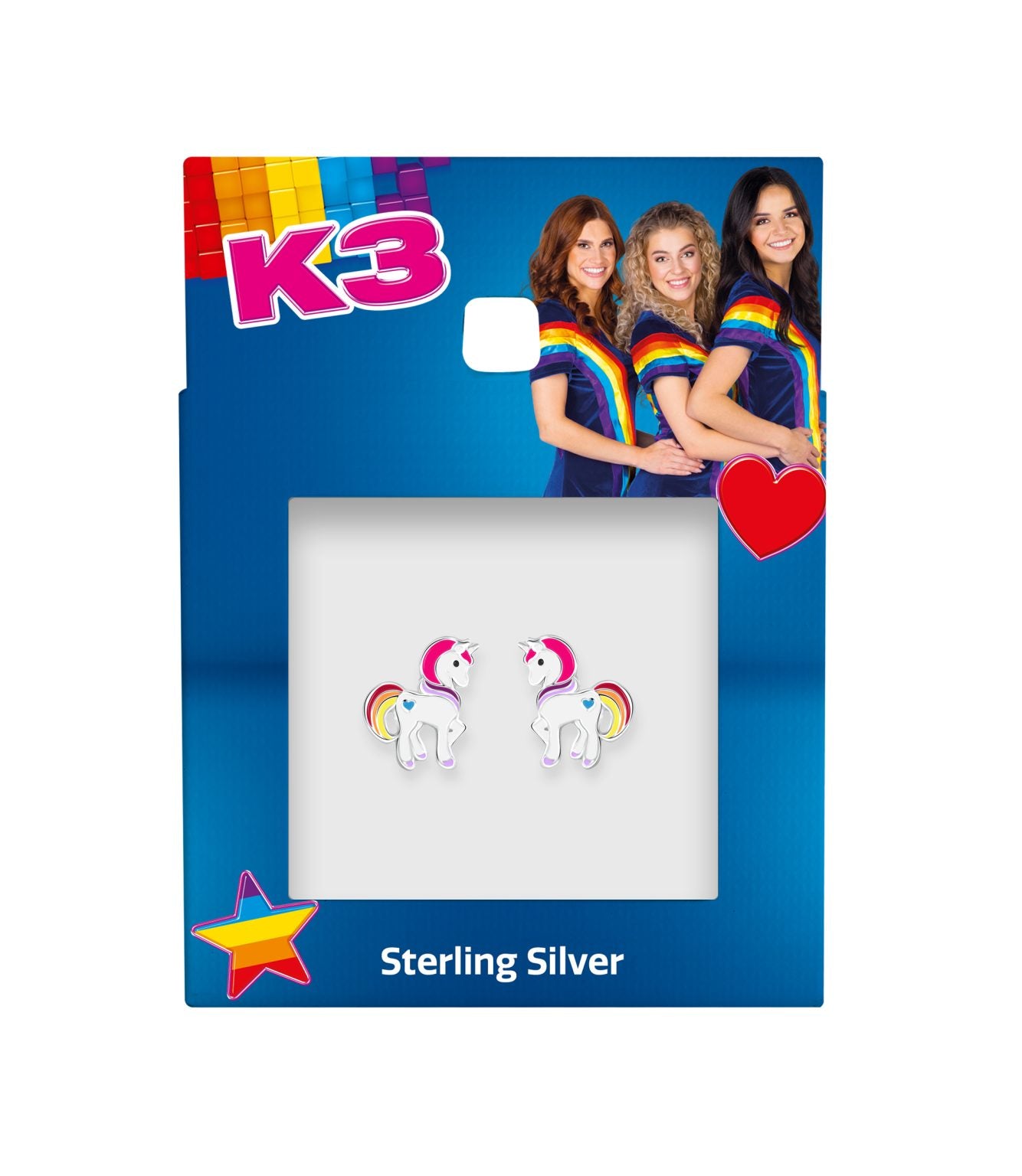Zilveren oorstekers k3 collectie, eenhoorn met regenboog kleuren.